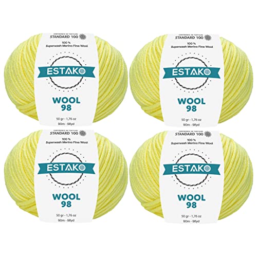 Estako Wool 98 100% Superwash Merino Wool Worsted Yarn, Light Yellow 4-Pack | 7.04 oz, 392 yds, cyc 4 medium, aran, machine washable, 5 mm needles, 6 mm hook, 20 sts gauge, crocheting, sweaters - color: 6365 - Light Yellow, size: 4 Skeins