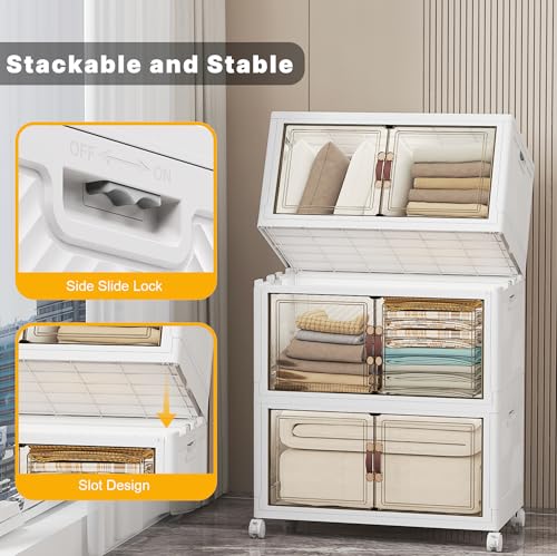 UAMFURI Stackable Storage Bins, 336QT Collapsible Drawers with 1 Lid | Large Capacity, Magnetic Door, Stack Lock, Rolling Wheels, Foldable Design, Organizers and Storage for Bedroom Dorm Garage - color: White-112qt, size: 3Pack with 1 top lid