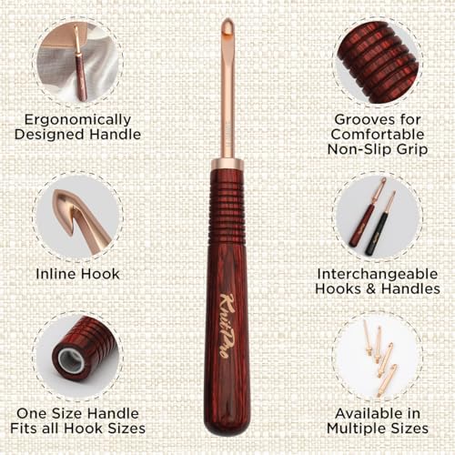 KnitPro Oasis Chunky Crochet Set - 1 Wooden Handle, 7 Hooks in Sizes 5.5mm to 10mm, 1 Rose Gold Scissors, 1 Tape Measure, 10 Metal Locking Stitch Markers, 1 Gripper - size: Chunky