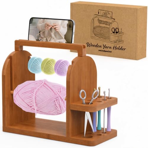sandpaint Crochet Yarn Holder, Bamboo Yarn Holder for Crocheting（Brown） | Built-in Phone Stand, Tangle-Free Dual Rods & Tool Holder, Ideal Crochet Accessories for Skein, Cake, Ball Yarn - color: Brown Basic Yarn Holder