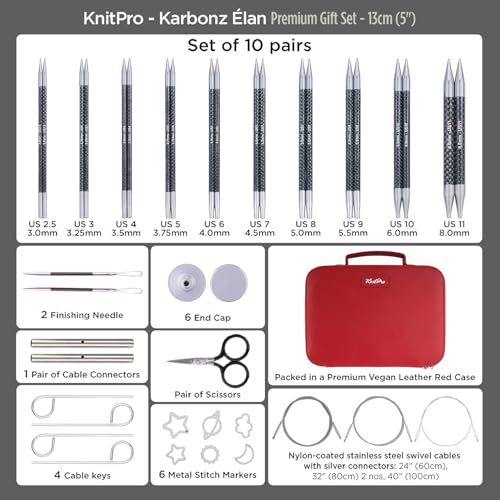 KnitPro Karbonz Élan Interchangeable Needles Premium Gift Set 5" (13cm) | 10 US Sizes (2.5 to 11)