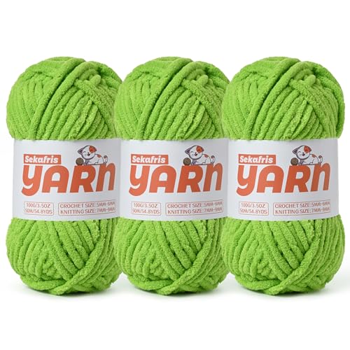 Soft Chunky Chenille Yarn for Crocheting-(300g/10.58oz) Bulky Knitting Crochet Yarn for Blankets-(150m/164yds) Fluffy Velvet Baby Yarn for Amigurumi&Crafts.(3 Lime Green) - color: 3 Lime Green
