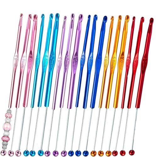 18 Pack DIY Beadable Crochet Hooks Knitting Needles Set Aluminum Handle for Focal Beads Colors (Blue Purple Red Orange Pink Light Blue, 4-6 mm) - size: 4-6 mm