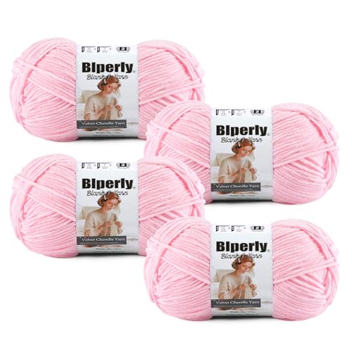 Skinny Chenille Yarn for Crocheting, #2 Pink Thin Baby Blanket Plush Yarn | 4 Pack of 158 Yds, 1.7 Oz Sport Fingering Weight Fine Yarn, Soft Fluffy Velvet Yarn for Crochet knitting Blankets, Amigurumi - color: Light Pink