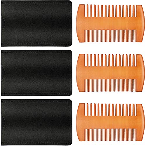 3 Pieces Beard Comb for Men Natural Sandalwood Wooden Mustaches Combs Dual Action Teeth Beard Comb with 3 Pieces Pocket Faux Leather Case for Beards Mustaches(Yellow) - color: Yellow