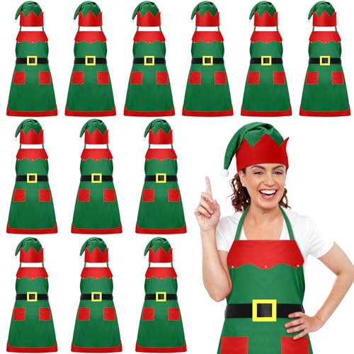 Handepo 12 Sets Christmas Apron and Hat Christmas Elf Costume Kit for Adults Women Cosplay Kitchen Xmas Holiday - color: Green, style: Classic