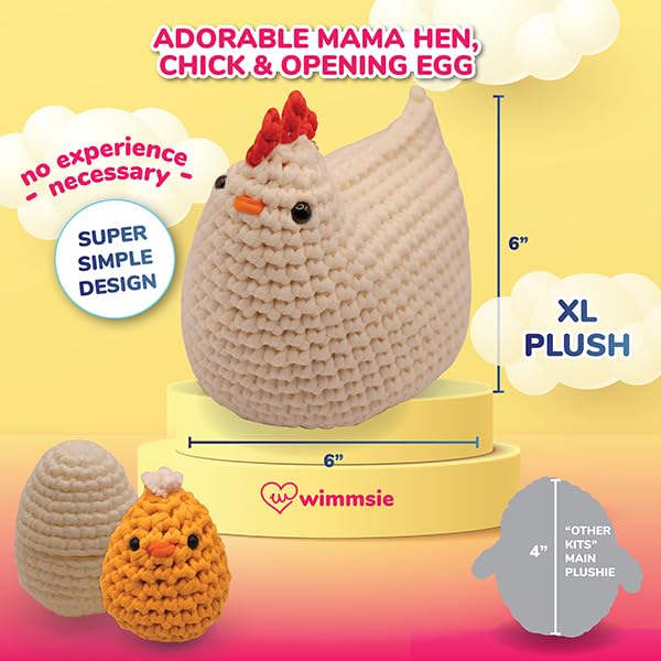 Wimmsie Crochet Animal Kit for Beginners - Easy Beginner Crochet Kit for Kids - Gift for Mom - Amigurumi Chicken Chick & Egg - 3 Kawaii Stuffed Animals - Cute DIY Yarn Plush - color: Pink Hen