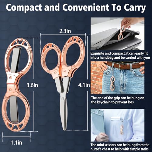 NAHSHON 4 Pcs Folding Stainless Steel Portable Mini Travel Badge Scissors | Foldable Safety Pocket Small Scissors All Purpose for Nurse Accessories, Travel, Office, Craft, Sewing, School (Rose Gold) - color: Rose Gold