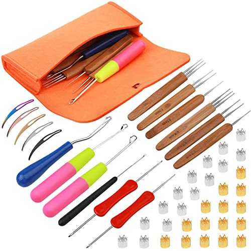 QMNNMA Crochet Needle for Locs, 48 Pcs Dreadlock Crochet Hook for Hair | Loc Tools for Interlocking, 6 Pcs Dreadlock Crochet Needle for Hair Braiding, Bent Latch Hook, Crochet Hooks with Orange Case - color: orange