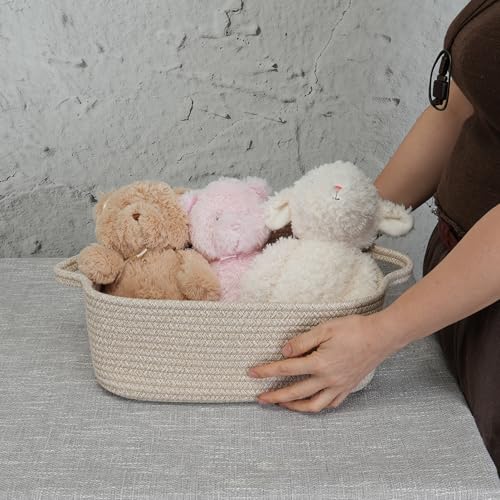 XUANGUO Medium Woven Cotton Rope Storage Basket with Handles, Oatmeal | Small decorative rectangle storage bin for baby nursery items and cat toys; ideal as an empty gift basket or dog toy basket - color: Oatmeal