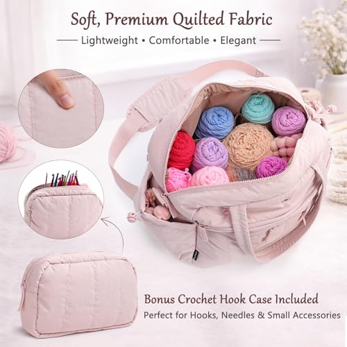 MYBAGZING Stylish Crochet Bag Organizer with Crochet Hook Case, Large Capacity Yarn Bag for Crocheting on the Go, Soft Quilted Crochet Tote with 7 Compartments, Knitting Project Carry-On Travel Gift - color: Pink