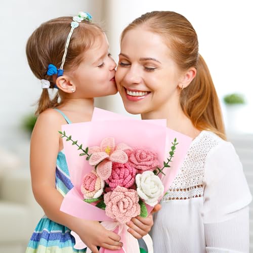 Marvogo Handmade Crochet Flower Bouquet,Crochet Flowers for Loved Ones | Crochet Flower,Crochet Rose, Bell Orchid, Tulip, Finished Artificial Flower Ideal for Lovers, Family and Friends pink - color: Pink