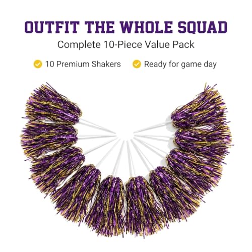 Metallic Gold and Purple Foil Textured School Spirit Shakers- Pack of 10 | Anderson's Metallic Pom Pom, For Cheerleader, Football, Basketball, Homecoming, Team Party, Dance Performance, Celebration - color: Purple and Gold
