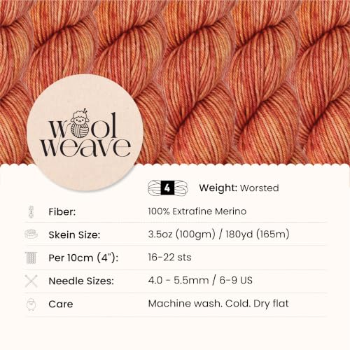 Woolweave Worsted Weight Yarn for Knitting & Crocheting, Hand Dyed, 180yd | 100% Extrafine Merino Wool Yarn, Ultra-Soft & Warm, 100g, Machine Washable - Apricot - color: Apricot