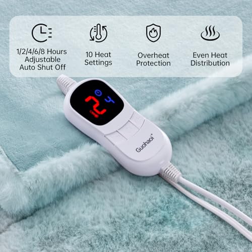 Guohaoi Heated Blanket, Soft Faux Rabbit Fur Electric Throw, 84"×90" | Electric Blanket with 10 Heating Levels 5 Setting Timer Auto Off, Cozy Warm Heating Blankets, Machine Washable, Blue - color: Blue, size: 84''*90''