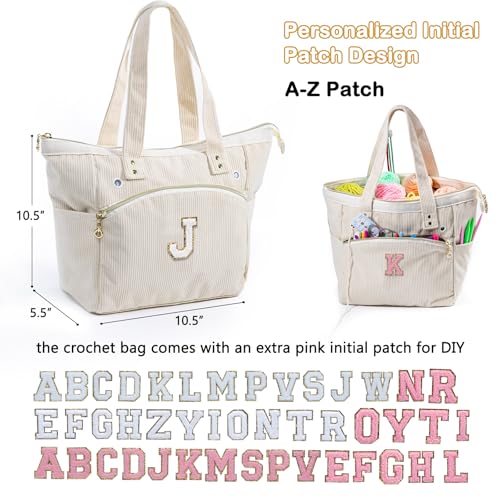 Initial Personalized Corduroy Yarn Bag Tote - Yarn Holder & Crochet Organizer for Hooks, Accessories & Projects - size: J