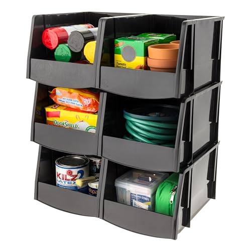 IRIS USA 6-Pack, Extra Large Stackable Storage Bins, Black | Organize small parts, hardware, craft supplies, pantry items, and household essentials with open-front access, stackable bins - size: X Large - 6 Pack