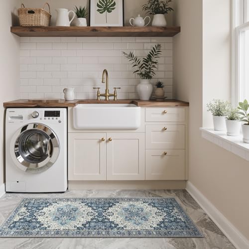 GENIMO Kitchen Rugs Set of 2, Washable Non Slip Cushioned Mats for Floor | 20"x32"&20"x59", Slate Blue vintage boho rug, soft faux cashmere, low pile, easy-clean for laundry, entryway, sink, farmhouse - color: Slate Blue, size: 20"x32"+20"x59"