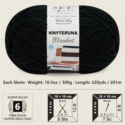 #6 Super Bulky Blanket Yarn for Crocheting - 4 Skeins(Each 10.5oz/300g, 220yds/201m), Chunky Chenille Thick Plush Big Soft Yarn for Crocheting Knitting Blankets, Black - color: Black