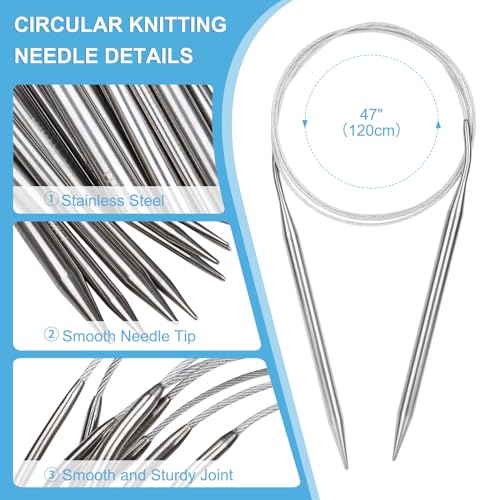Aeelike Circular Knitting Needles Set, 2.5-10 mm Round Needle,47 inches | 9 PCS Smooth Long Needle Stainless Steel ( 120cm), Complete Smooth Needls Set for Socks Sweater Scarves DIY Craft, Ideal Gift - size: 120cm(from tip to tip)