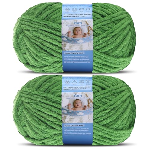 Super Bulky Blanket Yarn for Crocheting - 2 Pack of 200g/7.05oz 174yd/160m Super Soft Chenille Plush Yarn - Bulk Thick Yarns Used for Making Scarves, Baby Blanket, DIY Craft (2, Green) - color: Green