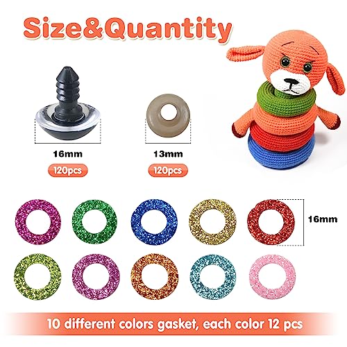 TOAOB 120pcs 16mm Glitter Safety Eyes Crafts Doll Eyes 10 Colors Round Craft Plastic Crocheting Eye with Washers for Stuffed Animals Amigurumis Dolls Making - size: 16mm