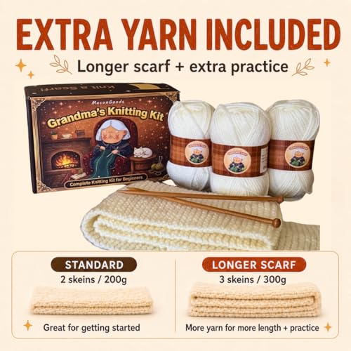 MaconGoods Grandma's Knitting Kit - Longer Scarf Kit - Complete Knitting Kit for Beginners - Includes Beginner Yarn, Bamboo Needles, Video Tutorial & Guide - Easy to Learn Knit Kit - style: Longer Scarf