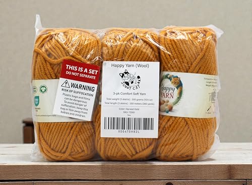 Sunny Cat Happy Yarn 50% Wool Yarn for Knitting & Crochet 3 x 3.5oz/100g, #5 Bulky Weight 3 x 120 Yards Soft Yarn for Sweaters Hats & Scarves Made in Turkey (Harvest Gold 72061) - color: Harvest Gold 72061