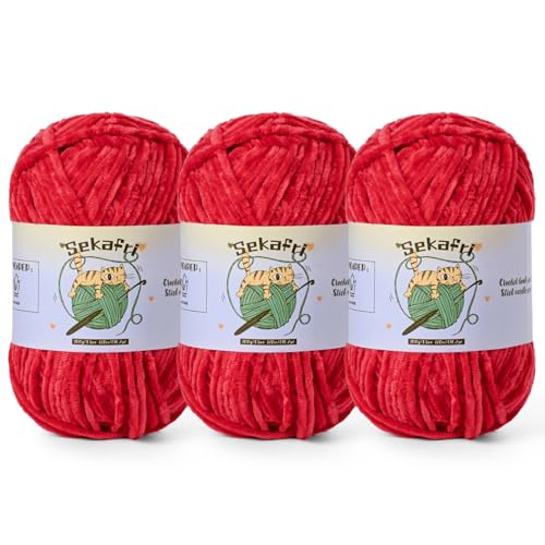 3 Pack of 300g (590yds) Fuzzy Chenille Yarn for Crocheting,Fluffy Amigurumi Crochet Yarn for DIY Craft/Hat/Clothes, Soft Velvet Baby Blanket Yarns（3 Red） - color: 3 Red
