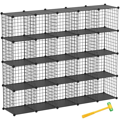 Wire Cube Storage Organizer, 20-Cube Metal Storage Shelves Bookshelf, Stackable Modular Closet Organizer for Bedroom Living Room, Office, Storage Shelves - color: Black Plus Iron, size: 20 Cubes