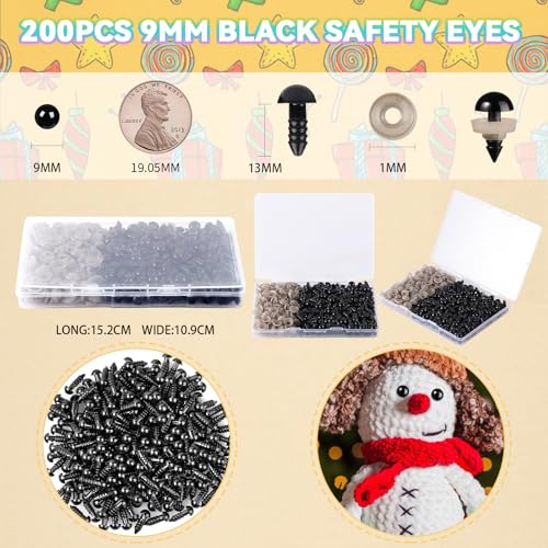 MUCUNNIA 400pcs 9mm Safety Eyes for Amigurumi with Washers Plastic Black Safety Eyes for Crochet Craft Safety Eyes for DIY Christmas Decorations Crochet Stuffed Animals Crafting - size: 9mm