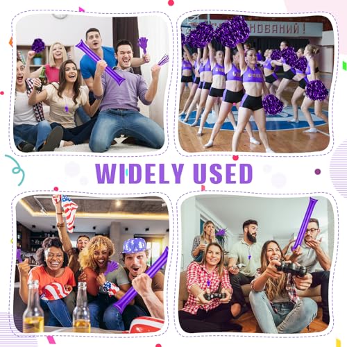 48 Pcs Cheerleading Pom Poms Thunder Sticks Plastic Whistles with Lanyards Squawker Horns Hand Clappers - color: purple