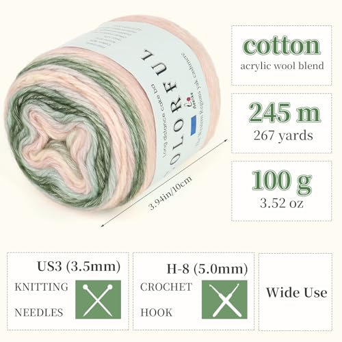 Aeelike Cake Yarn for Crocheting, Soft Ombre Crochet Yarn, Pink Green | 6 PCS #3 Light weight 100g(3.52oz) 245m( 267yards), 60% Cotton Blend Gradient Yarn for Blanket Scarves DIY Crafts, Ideal Gift - color: Pink Green Gradient, size: 6 pcs