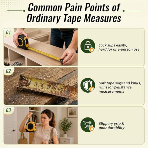 GRENPRO Self-Locking Tape Measure, 10ft/3m Dual Scale, Stiff Blade Green | Shock-absorbent ABS case, nylon coating, rigid blade extends straight without sagging, for carpentry, layout & renovation - color: Green