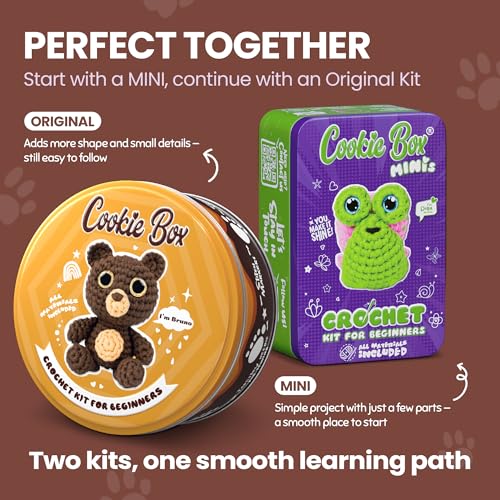 Cookie Box Crochet Kit for Beginners, Bear Bruno | All Materials Included, Step-by-Step Video Tutorials, PDF Patterns, Easy DIY Craft, Amigurumi and Knitting Gift Set - color: Brown