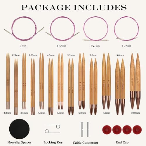 Yarniss Bamboo Circular Knitting Needle with Flexible Cable 3.5mm~10.0mm | 13 Pairs Interchangeable Knitting Needles with Case,4-Inch Round Knitting Needle US Size 2.5~15 - color: Multicolor