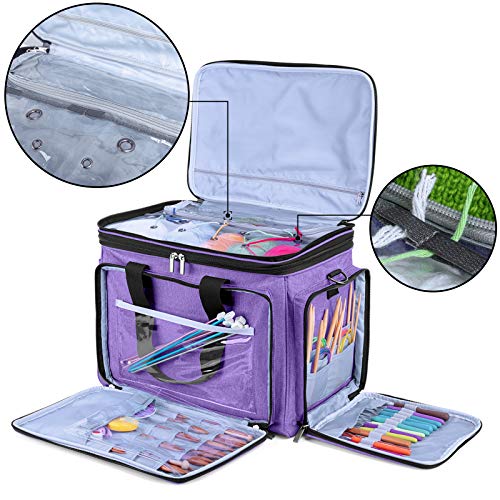LUXJA Portable Yarn Knitting Storage Tote Bag, Purple | Fits Knitting/Circular Needles Up to 14 Inches, Yarn Bag With Cover & Shoulder Strap for Crochet Hooks & Craft Accessories - color: Purple
