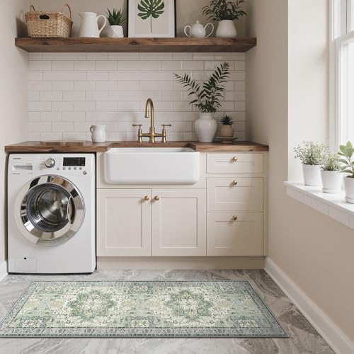 GENIMO Kitchen Rugs Set of 2, Washable Non Slip Cushioned Mats for Floor | 20"x32"&20"x59", Green vintage boho rug, soft faux cashmere, low pile, easy-clean for laundry, entryway, sink, farmhouse - color: Light Green, size: 20"x32"+20"x59"