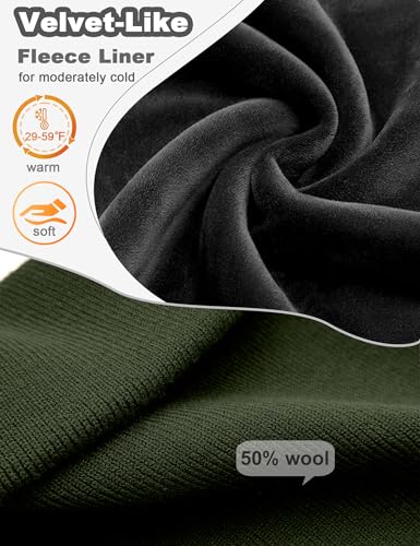 Fleece Lined Wool Beanie Hat Men Women, Warm Cuffed Winter Cap | 50% Wool Thermal Knit, Soft Velvet Fleece Liner, Long Style Full Ear Cover Warm Watch Cap, Tall Roomy Crown Skull Cap - color: Army Green