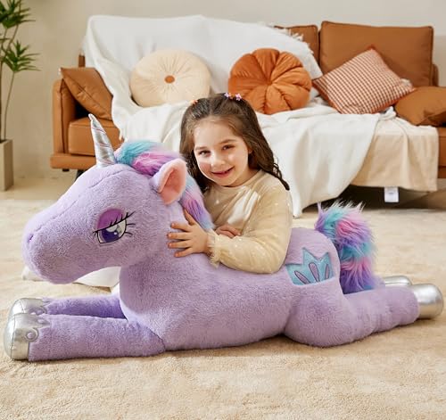 IKASA 43" Giant Unicorn Stuffed Animal Plush Toy,Full Stuffing,Zipper-Free | Extra Plump Full Body Filling, Child-Safe One-Piece Design, Cute Hugging Pillow Gift for Kids, Girls & Adults - color: Purple
