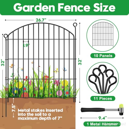 Decorative Garden Fence 32in (H) x22ft (L),Arched Rustproof Metal No Dig | Small Fence for Dogs & Rabbit,Ornamental Animal Barrier for Flower Beds,Border Panels Fencing for Yard & Patio Outdoor Decor - size: 10 Panels-32in(H) x 22ft(L) without Gate