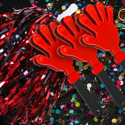 24 Pcs Cheerleading Pom Poms and Hand Clappers Noisemakers Set for Team Spirit Items Sporting Events Football Baseball Cheering Essentials Party Favors Dance - color: Red and Black