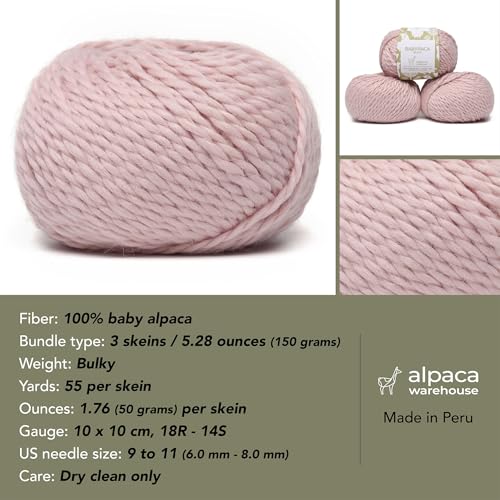 100% Baby Alpaca Yarn 3 Skeins 150g Bulky Weight Knitting Crochet B. Pink | Made in Peru with natural warmth and softness featuring 162yd of premium fiber ideal for scarves shawls sweaters and more - color: Baby Pink, size: Bulky - 3 Skeins