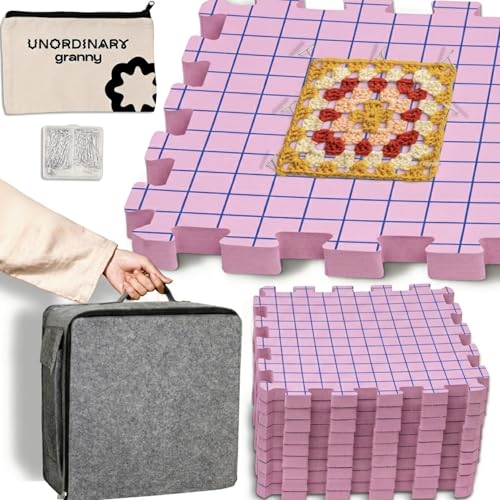 Unordinary Granny® Crochet Blocking Set-9Pc Extra Thick 12x12 Interlocking EVA Foam Mats with Grid, 150 T-Pins, Felt Storage Bag and Cotton Pouch, Blush Pink - color: Blush Pink