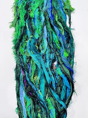 Maker's Craft Recycled Fuzzy Fringes Sari Silk Ribbon Yarn 35yards, 100Grams for DIY Knitting Crocheting Gift Wrapping, Christmas Decoration, Macrame Makers, Jewelry Making, Rugs Hooking (Green) - color: Green