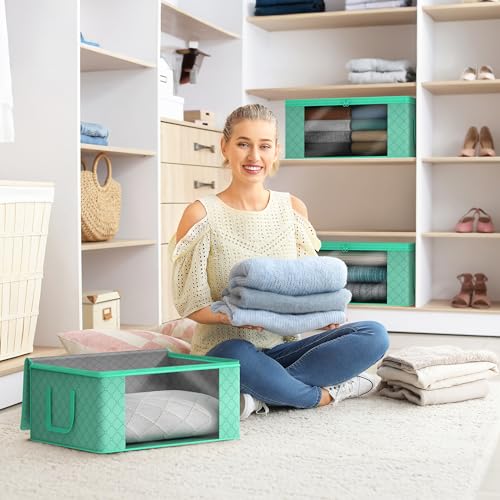 Sorbus Medium Clothes Storage Bags - Foldable Blanket Storage Bins for Organizing Bedroom, Closet, Clothing, Comforter, Organization with Clear Window, Lids and Carry Handles - Set of 6 - color: Teal, size: 6 Pack Large