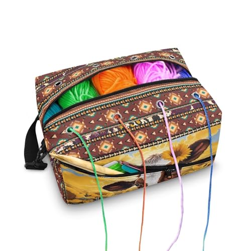 Fuxowvby Sunflower Cow Crochet Bag Tribal Print Yarn Storage Organizer with Adjustable Straps Lightweight Knitting Bag Carrying Case with Holes - color: Sunflower Cow Tribal Print