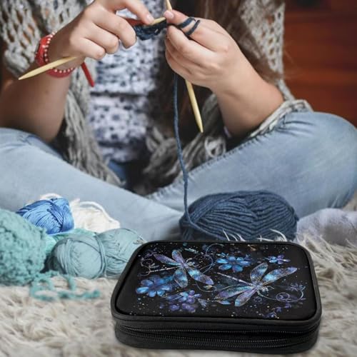 Hechitok Dragonfly Flower Empty Crochet Hook Case Portable Travel Crochet Storage Bag Organizer Zipper Bags with Web Pocket and Crochet Holder Slots for Crochet Knitting Accessories - color: Dragonfly Flower