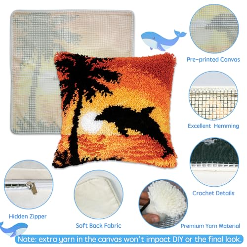 ZFFLYH Sunset Dolphin Latch Hook Pillow Kits for Adults Pre-Printed Cushion | Home Sofa Cushion Cover Preprinted Canvas Crochet Yarn Kits Needlework Crafts Festival Gift for Adults Beginner 17X17 Inch - color: Sunset Dolphin