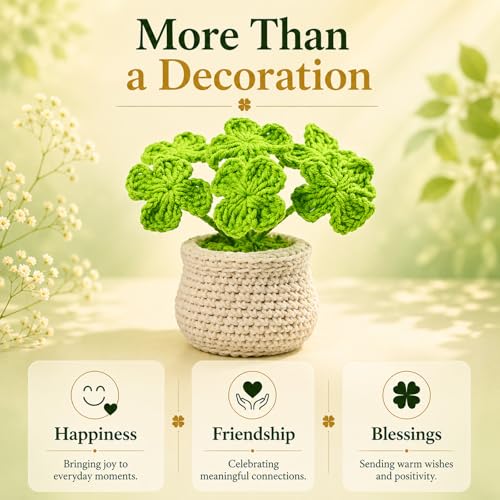 Handmade Crochet Plant Four Leaf Clover Flower Pot for Thank You | A heartfelt handmade gift that brings happiness, friendship, and warm wishes. Perfect for mom, friend, and thinking of you. - color: Clover-white Pot